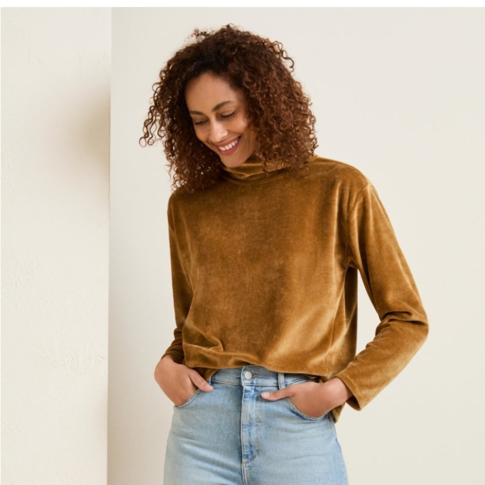Garnet Hill Velvet Turtleneck Top in Mustard